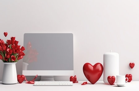 Laptop computer with blank screen and red heart in vase on table. Valentine's day concept. 3D Renderingの素材