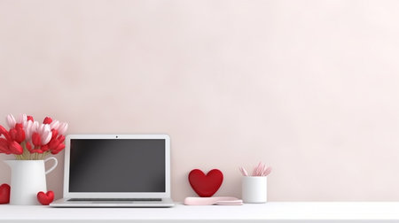 Laptop with blank screen on white table and pink wall background, 3D renderingの素材