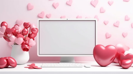 Pink Valentine's Day background with computer, hearts and decorations. 3D Renderingの素材