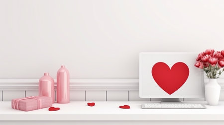 Laptop with red heart on the table. 3D rendering.の素材