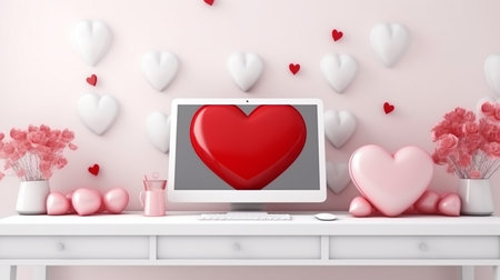 Computer with red heart on desk in room. Valentine's day concept. 3D renderingの素材