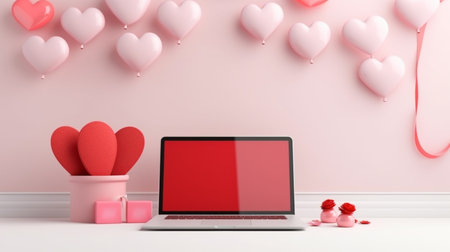 Laptop with blank screen on pink wall with pink heart balloons. Valentine's day concept. 3D Renderingの素材