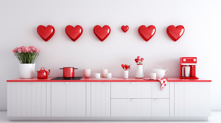 3d rendering of a modern kitchen with red hearts on the wallの素材