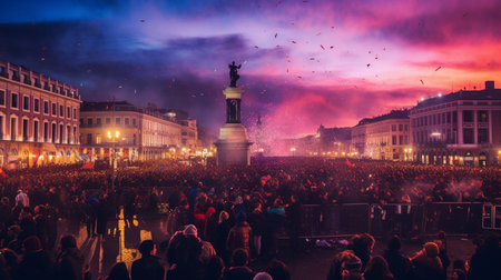 Crowds gather in Piazza del Duomo in Milan. This is one of the most important events in Milan.の素材