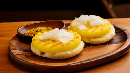 The Luruaco Egg Arepas. Colombia Thai dessert with coconut milk and mango on wooden plate, Thai dessertの素材