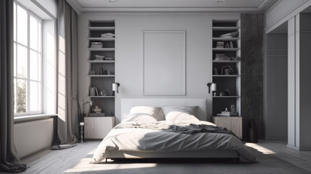 Interior of modern bedroom with white walls, concrete floor, comfortable king size bed and bookcase. 3d renderingの素材