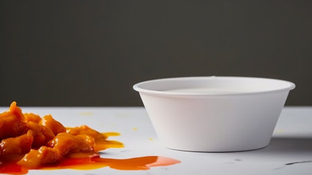 close up of a white plastic cup with sweet and sour sauce on the tableの素材