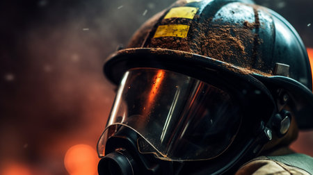 Firefighter with protective helmet and gas mask on fire background. Selective focus.の素材
