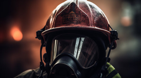 Firefighter in a protective helmet and gas mask against the background of a burning buildingの素材