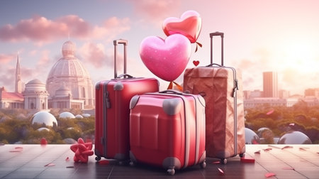 Traveling with suitcases and heart shaped balloons. 3d renderingの素材