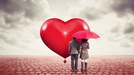 Couple holding an umbrella against heart shaped red brick road under cloudy skyの素材