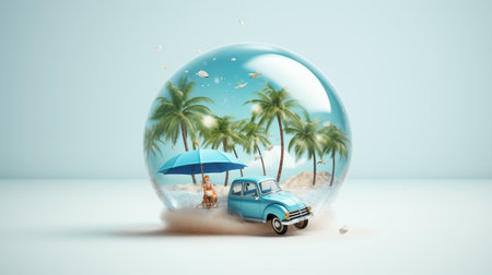 Car in a glass ball with a beach and palm trees. 3d renderingの素材