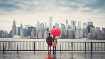 Man and woman with red umbrella looking at New York city skyline.の素材