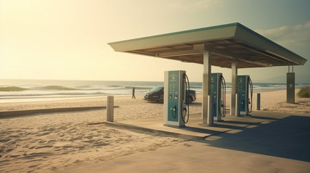 Electric car charging station on the beach. 3d render illustration.の素材