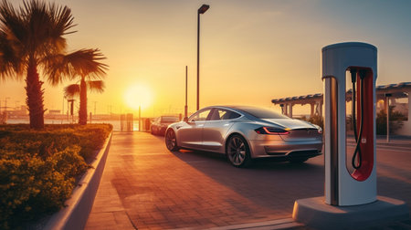 Electric car charging at the charger station on the sunset background. 3d renderingの素材