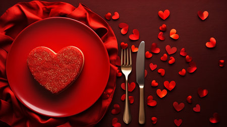 Valentine's Day background with red heart on a red plateの素材