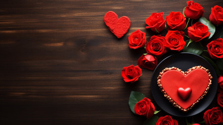 Valentine's Day background with red roses and heart on wooden tableの素材
