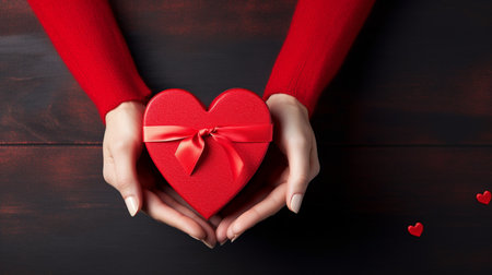 Female hands holding a red gift box in the shape of a heart on a dark wooden background.の素材