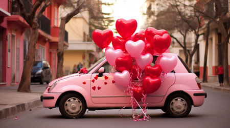 Pink car with heart shaped balloons in the city. Valentine's day concept.の素材