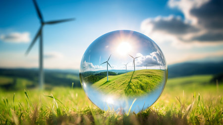 Crystal ball with wind turbines in the meadow. 3D renderingの素材
