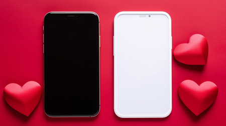 White smart phone with blank screen and red hearts on a red backgroundの素材