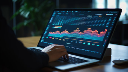 Businessman analyzing investment charts with laptop. Stock market data concept.の素材