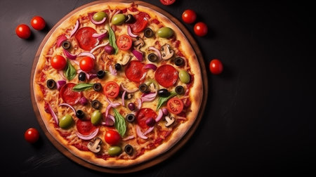 Pizza with olives, tomatoes and cheese on a black backgroundの素材