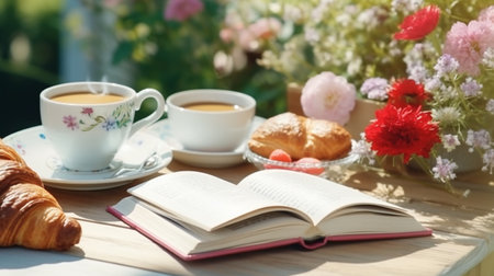 Breakfast with coffee, croissants and open book on the tableの素材