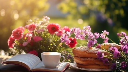 Cup of coffee, book and bagels on table in gardenの素材