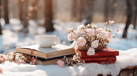 Cup of coffee, books and flowers on snow in winter forestの素材