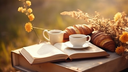 Cup of coffee, book and croissants on wooden table in natureの素材