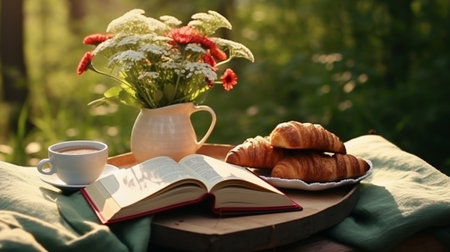 Cup of coffee, croissants and book on wooden table in gardenの素材