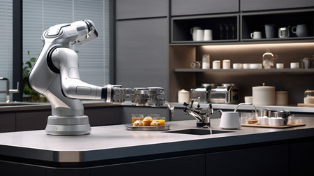3d rendering robotic arm working in modern kitchen, artificial intelligence conceptの素材