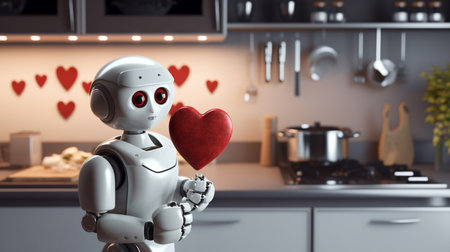 Robot holding a red heart in the kitchen. 3d rendering.の素材