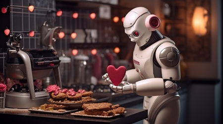 Robot holding a red heart and cookies. Valentine's day concept.の素材