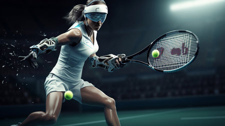 Young woman tennis player in action on the tennis court. 3D renderingの素材