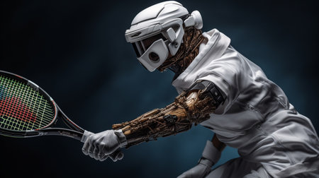 Cyborg playing tennis on a dark background. 3d rendering.の素材