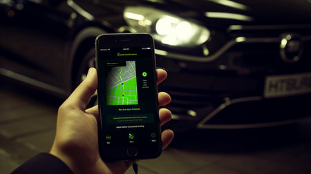 Car sharing app on the screen of a smartphone in the hands of a manの素材