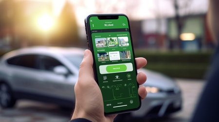 Man holding a smartphone with app delivery tracking on the screen. All screen graphics are made up.の素材