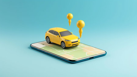 Car sharing concept. Smartphone with yellow car on blue background.の素材
