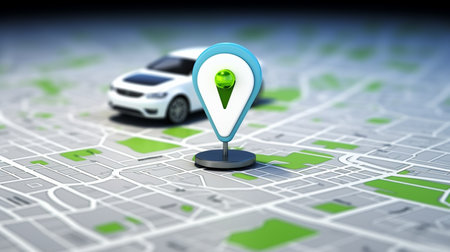 Navigation map with car and GPS location pin. 3D renderingの素材