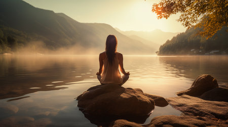 Young woman meditating on the bank of a mountain lake at sunriseの素材