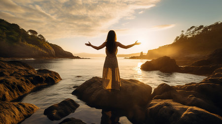 Young woman in a long dress standing on the rocks by the ocean at sunsetの素材