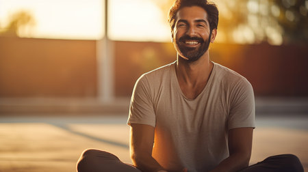 Portrait of a smiling young man sitting on the street at sunsetの素材