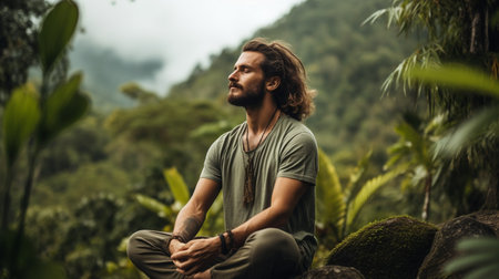 Handsome bearded man sitting on a rock in the jungle.の素材