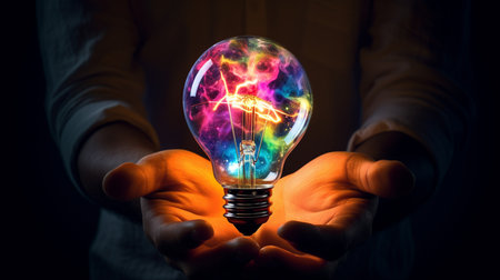 Close up of human hands holding light bulb with colorful energy beam insideの素材