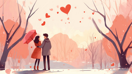 Couple in love walking in the park. Vector illustration. Valentine's day concept.の素材