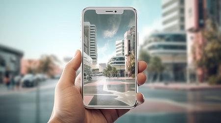 Hand holding smartphone with cityscape on the screen. 3d renderingの素材