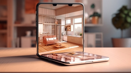 Tablet computer with interior design on the table. 3d renderingの素材