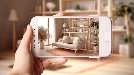 Hand holding smartphone with photo of modern living room interior 3D renderingの素材